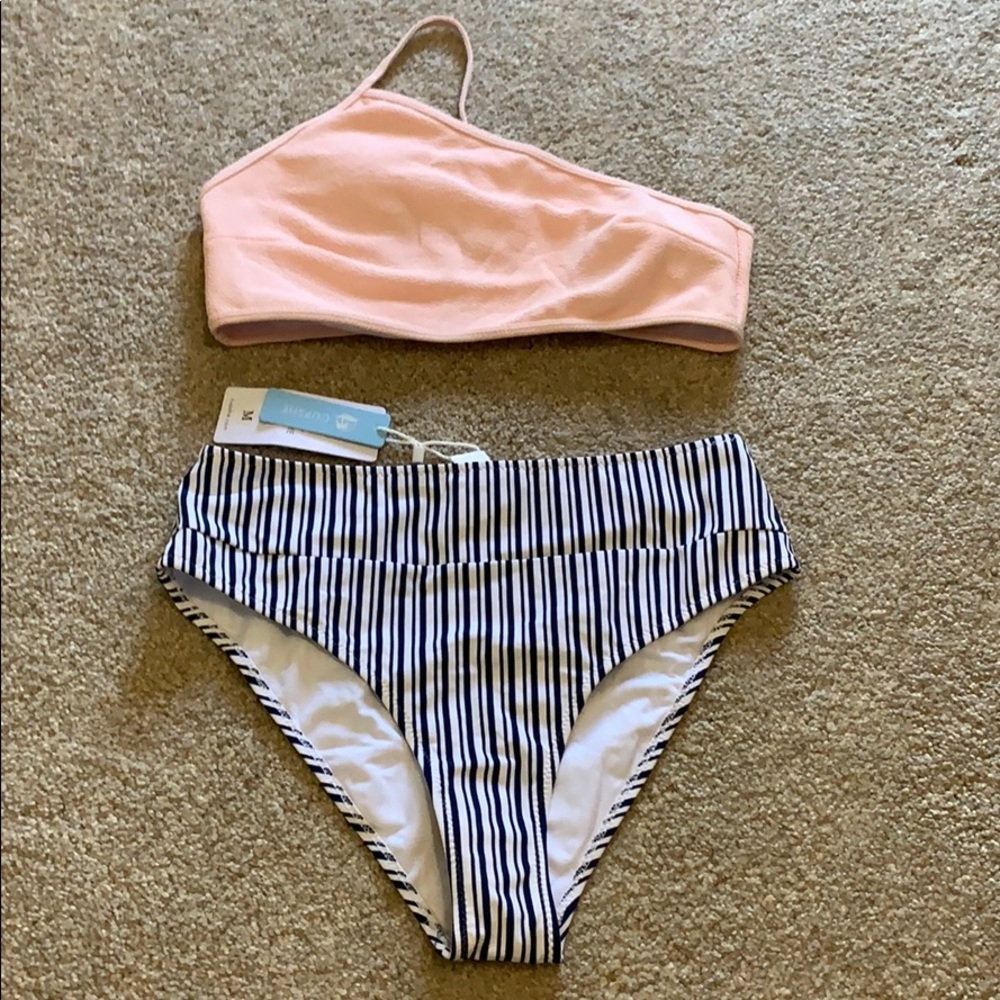 Pink Swimsuit Top & Navy Blue Striped bottoms